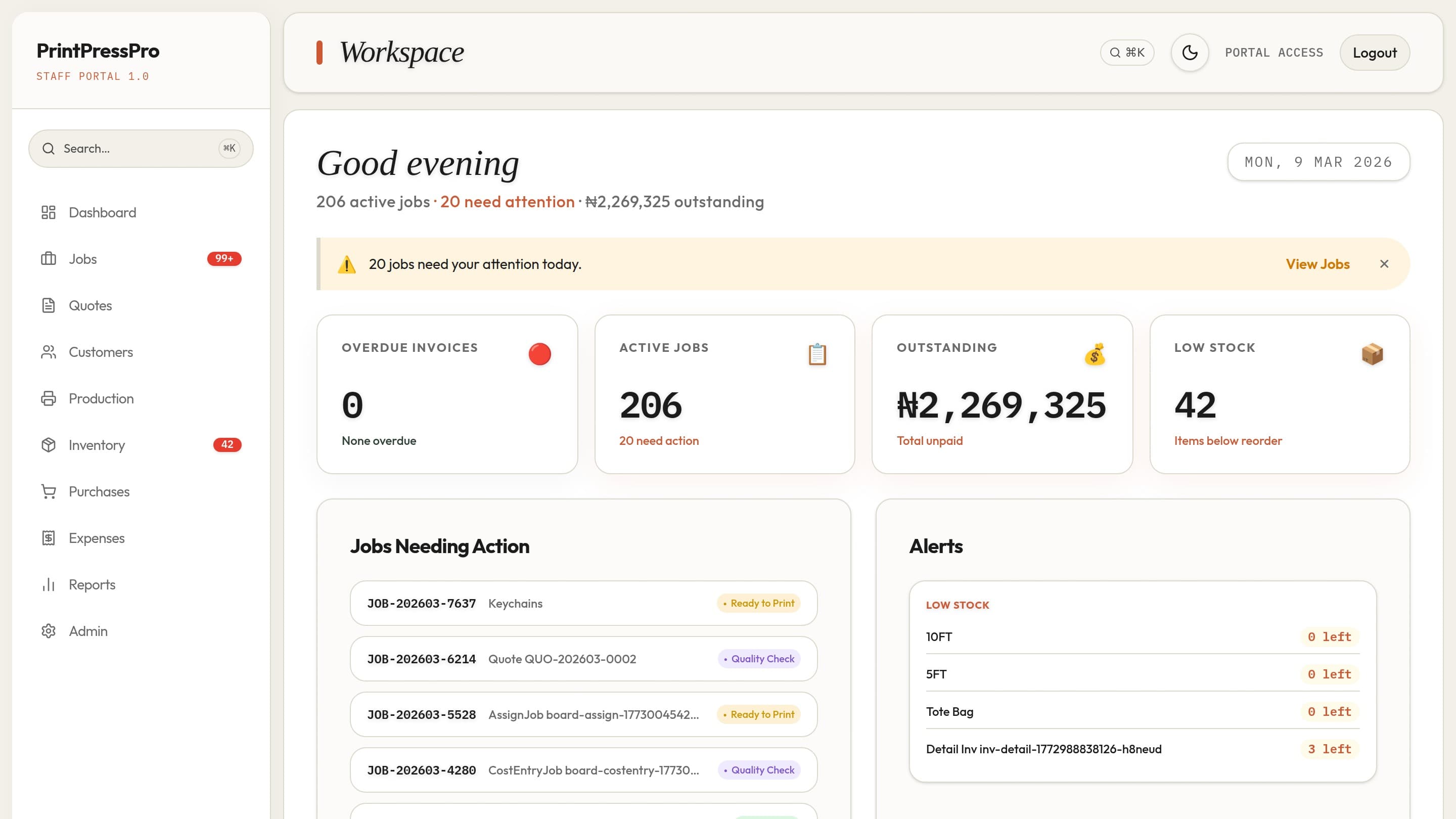 PrintPressPro Dashboard screen