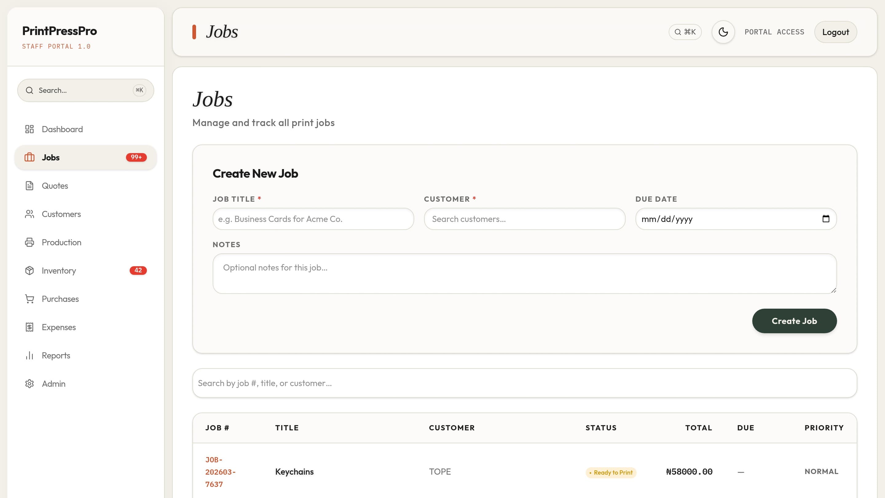 PrintPressPro Jobs screen