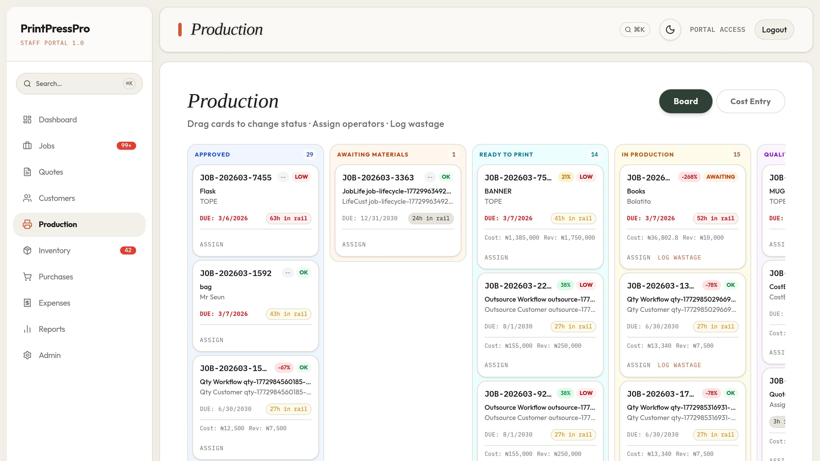 PrintPressPro Production screen